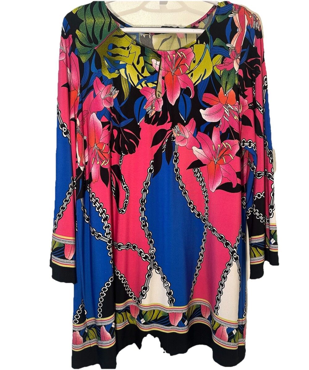 Investments XL Floral Chain Print Tunic Top Pink Blue Long Sleeve Stretch
